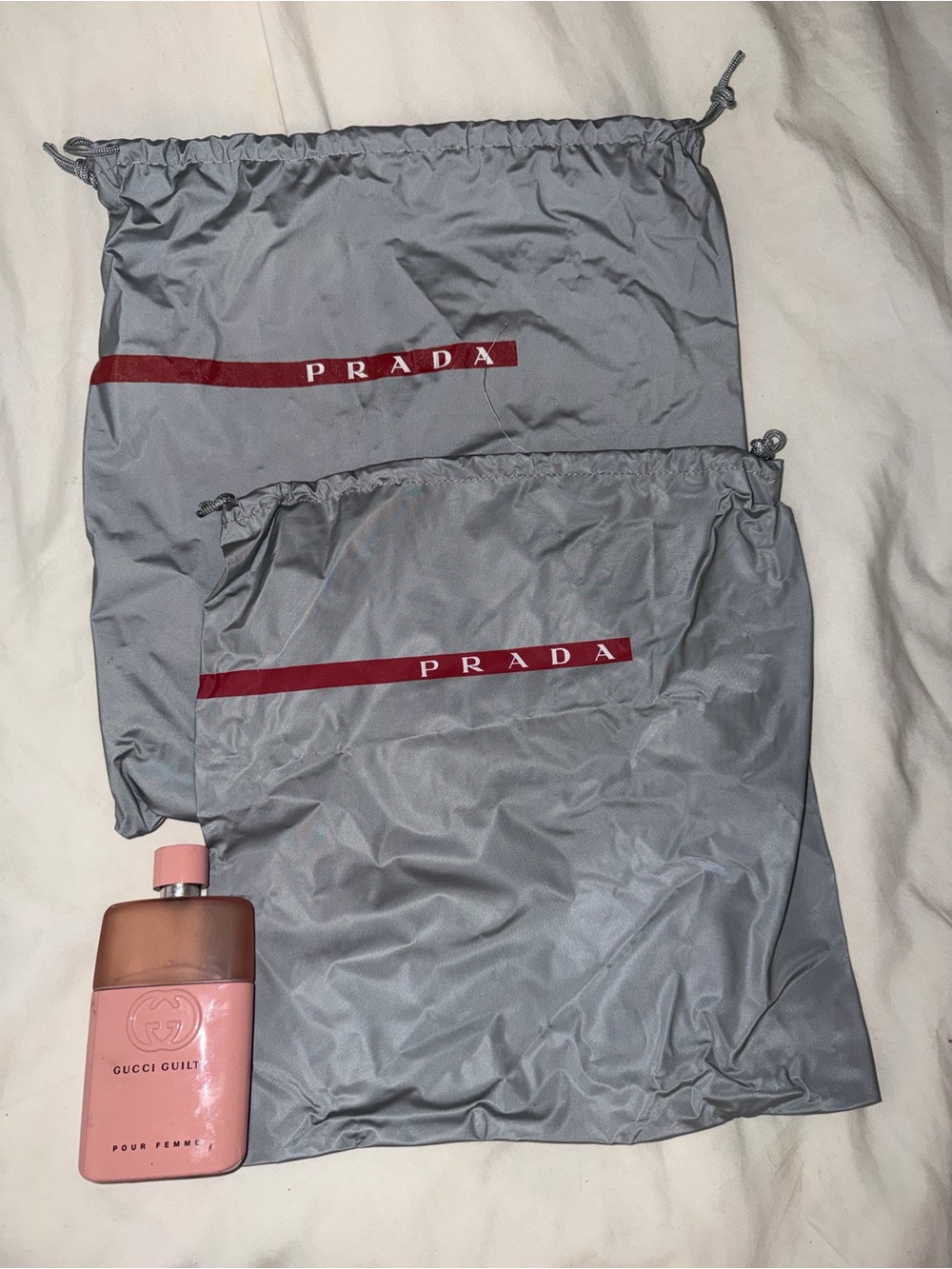 Prada Light Gray Drawstring Dust Bags with Red Logo Stripe